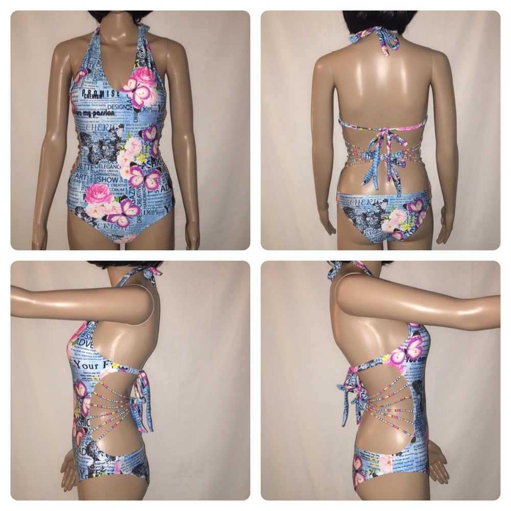 Sexy Floral Halter Strappy Back One Piece Swimsuit - Picture 6 of 8